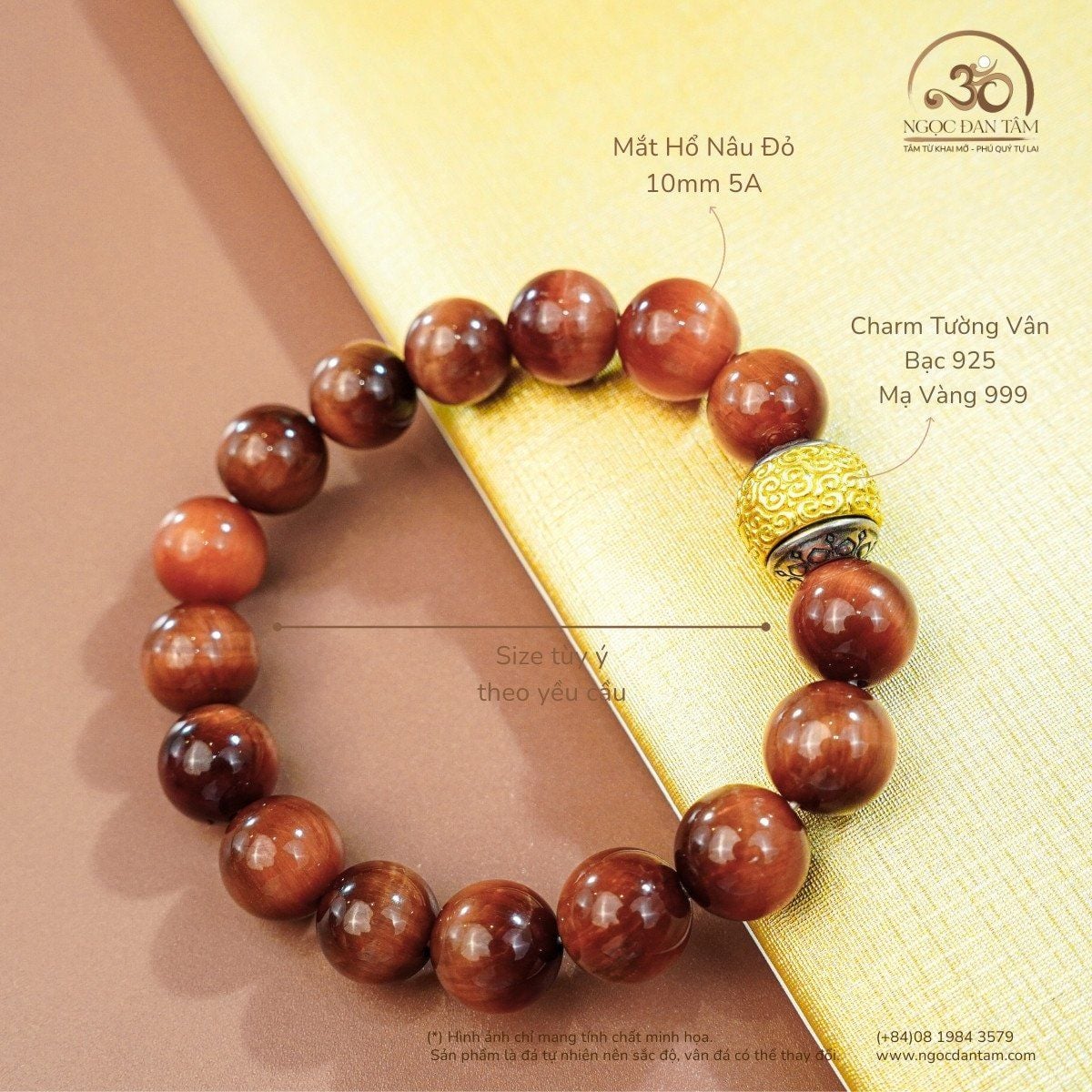  Vòng Tay Đá Mắt Hổ Nâu Đỏ 10mm 5A Phối Charm Tường Vân 