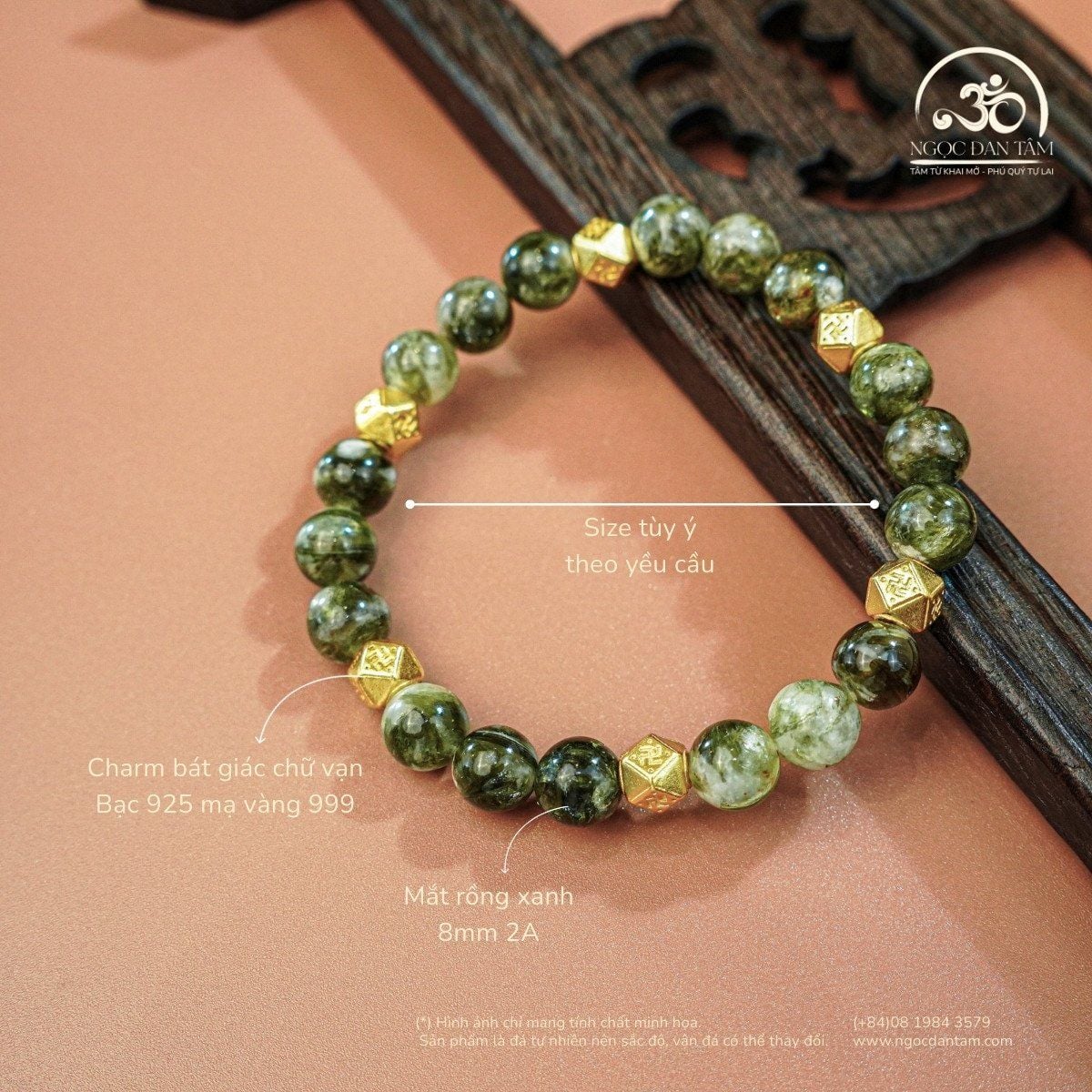  Vòng Tay Đá Mắt Rồng Xanh Phối Charm Bát Giác Chữ Vạn 8mm 2A 