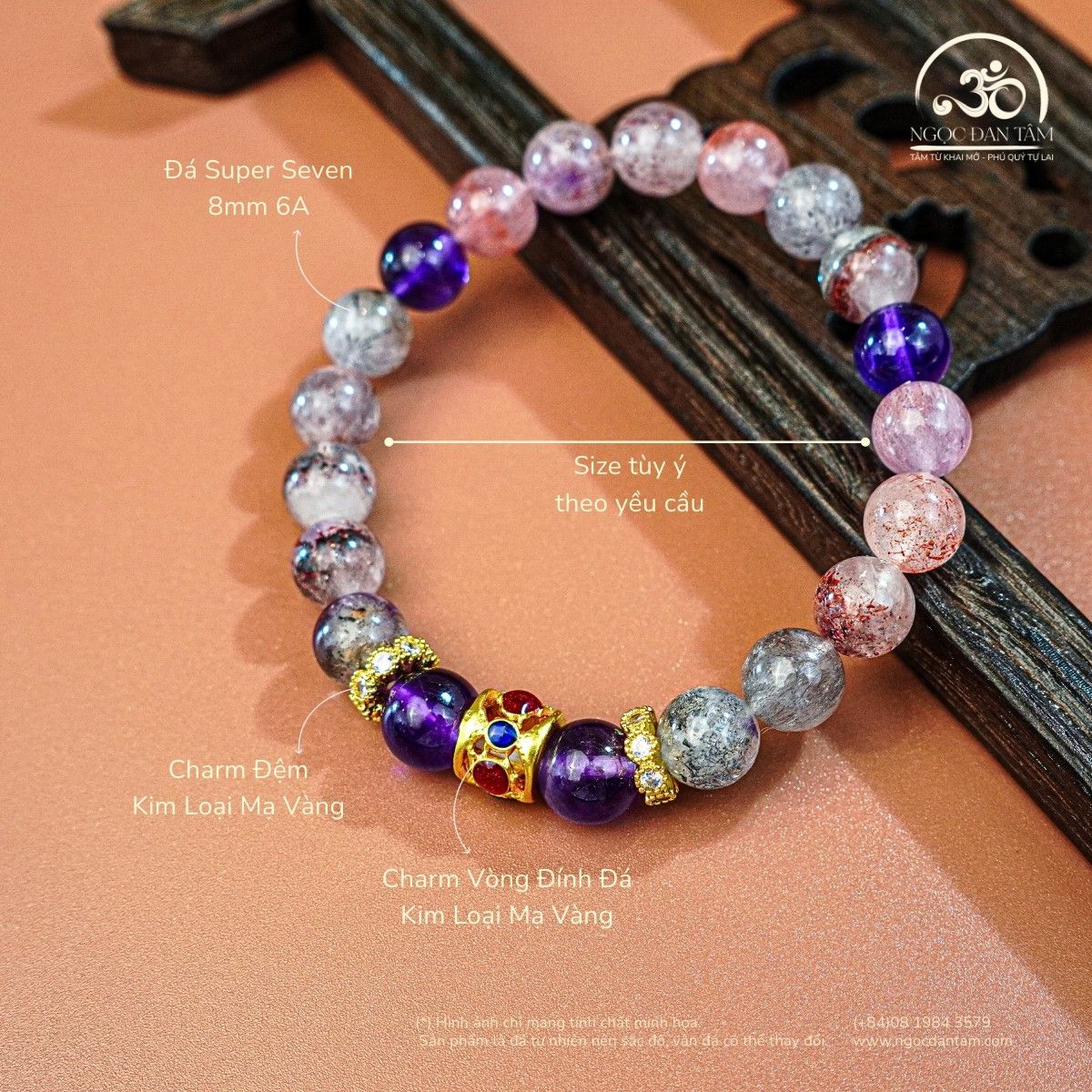  Vòng Tay Đá Super Seven 8mm 6A Phối Charm 
