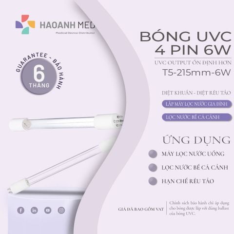 Bóng Đèn UVC Diệt Khuẩn Cho Máy Lọc Nước - 4 Pin/6W/215mm/T5/G10q (Bóng đèn tiệt trùng tia cực tím 45 cm)