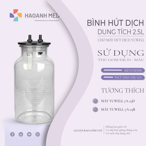 Bình Thủy Tinh 2500ml Cho Máy Hút Dịch 2 Bình Yuwell 7A-23D, 7A-23B