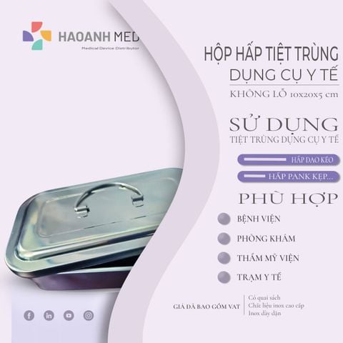 Hộp hấp dụng cụ y tế Inox không lỗ không quai sách 10x20x5 cm