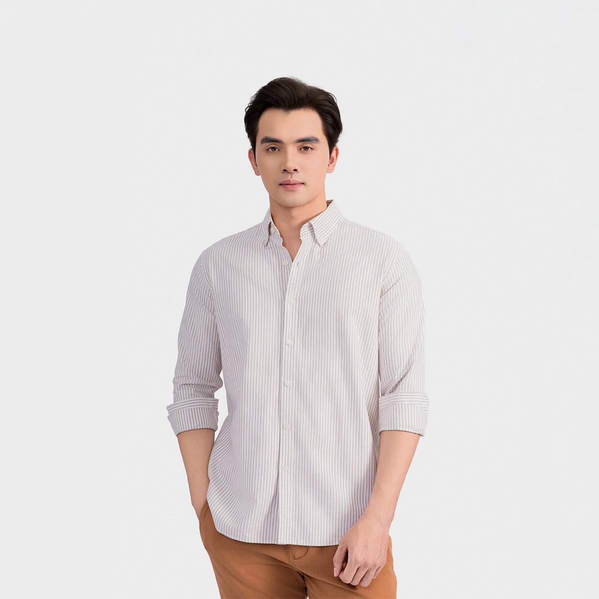 Áo Sơ Mi Nam Cotton Oxford Nâu Kẻ Aristino Brezza ALSU020S0