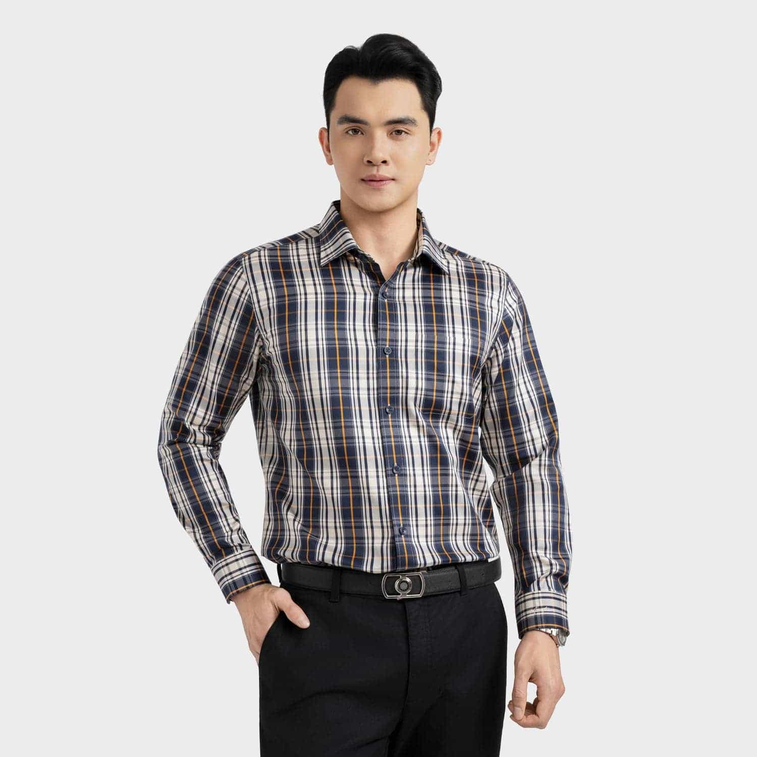 Áo Sơ Mi Nam Kẻ Cam Aristino Business 1LS003S0H2