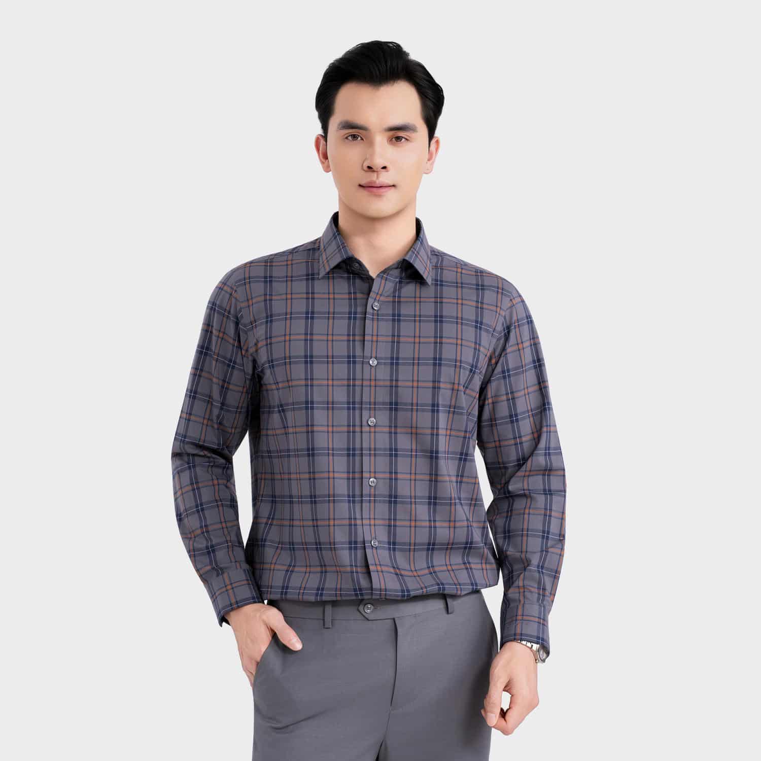 Áo Sơ Mi Nam Xanh Kẻ Cam Aristino ALS602EDP01