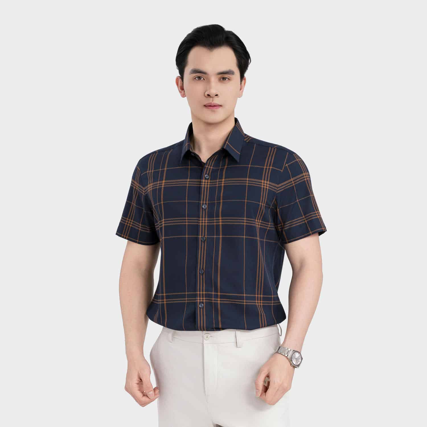 Áo Sơ Mi Nam Kẻ Cam Aristino ASS560SAH2