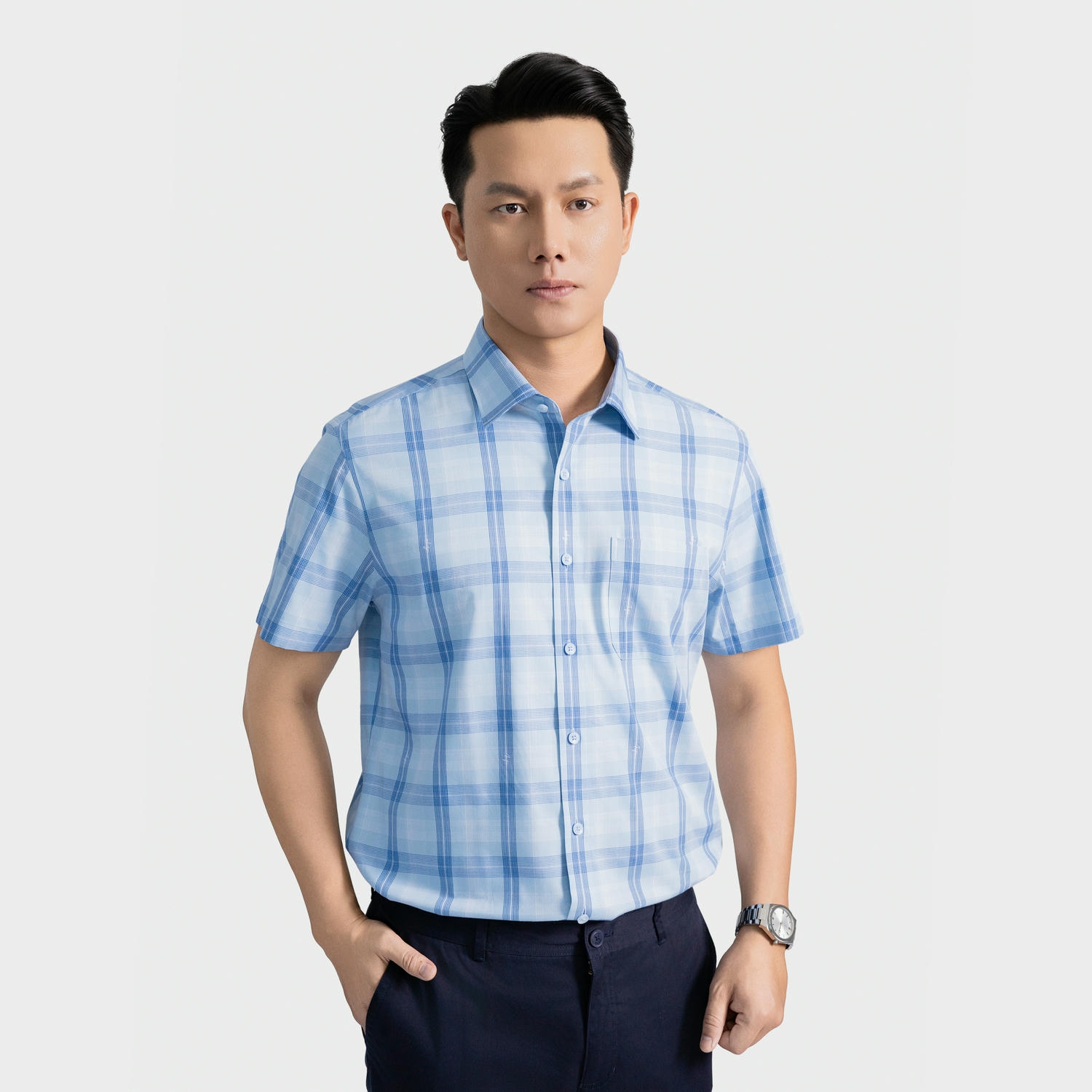 Áo Sơ Mi Nam Xanh Kẻ Aristino Perfect fit ASS110AS2