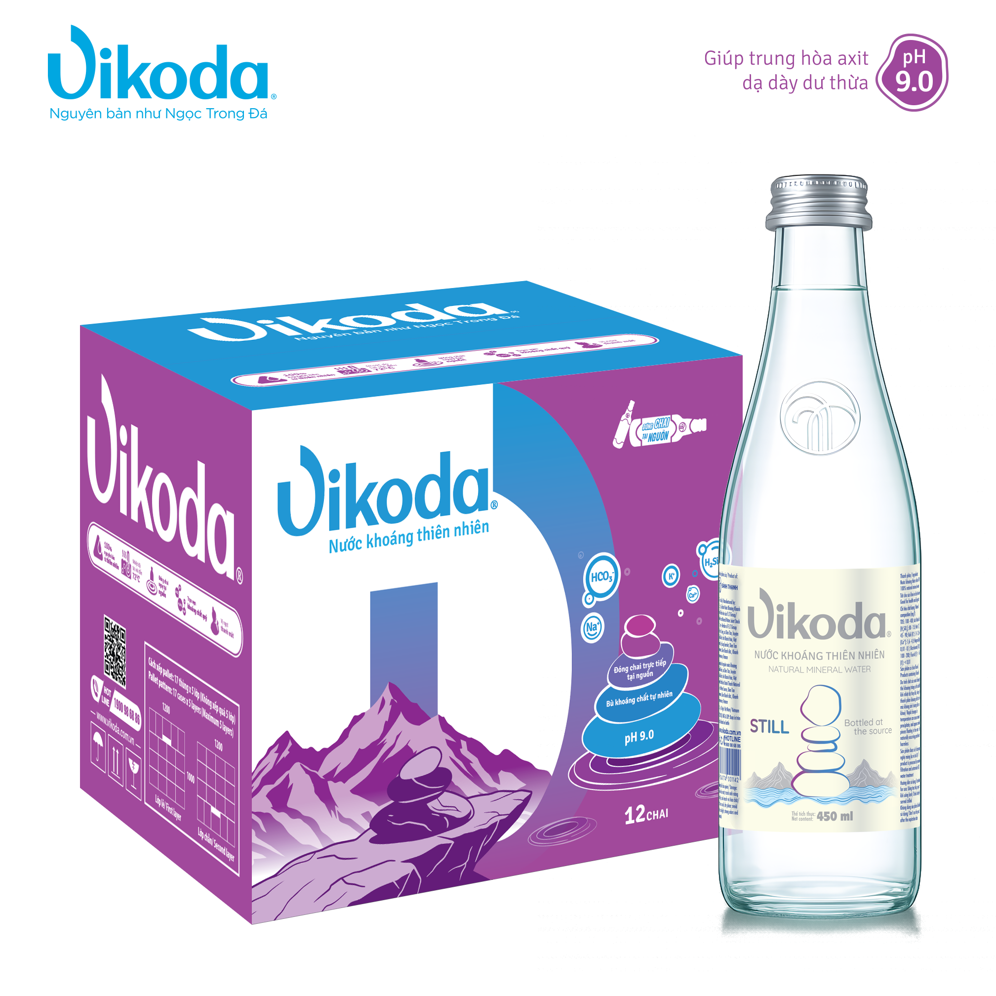  Thùng 12 chai Vikoda Nước Khoáng Thiên Nhiên RGB 450 ml nắp vặn 