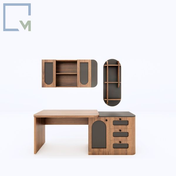 Bộ bàn làm việc gỗ kết hợp tủ ngăn kéo và kệ treo tường (Mã sp) Rattan V2 | Molago