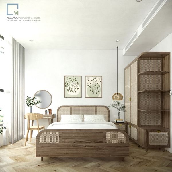 Giường ngủ gỗ MDF đơn đôi 1m2 đến 1m8 B001 Rattan | Molago