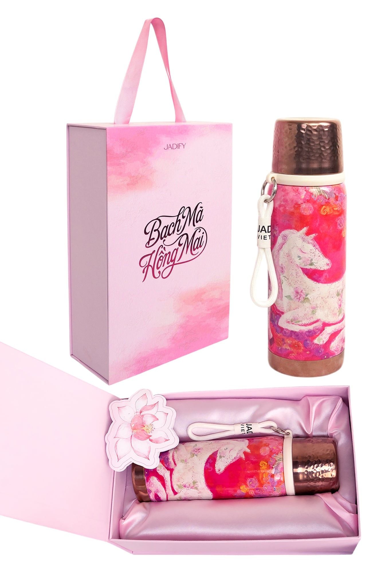  Bộ Quà Tặng Bình Giữ Nhiệt "Bạch Mã Hồng Mai" - Phiên Bản Hộp Lụa Cao Cấp - Luxy Bottle "White Horse of Spring" - 700ml - Jadify 