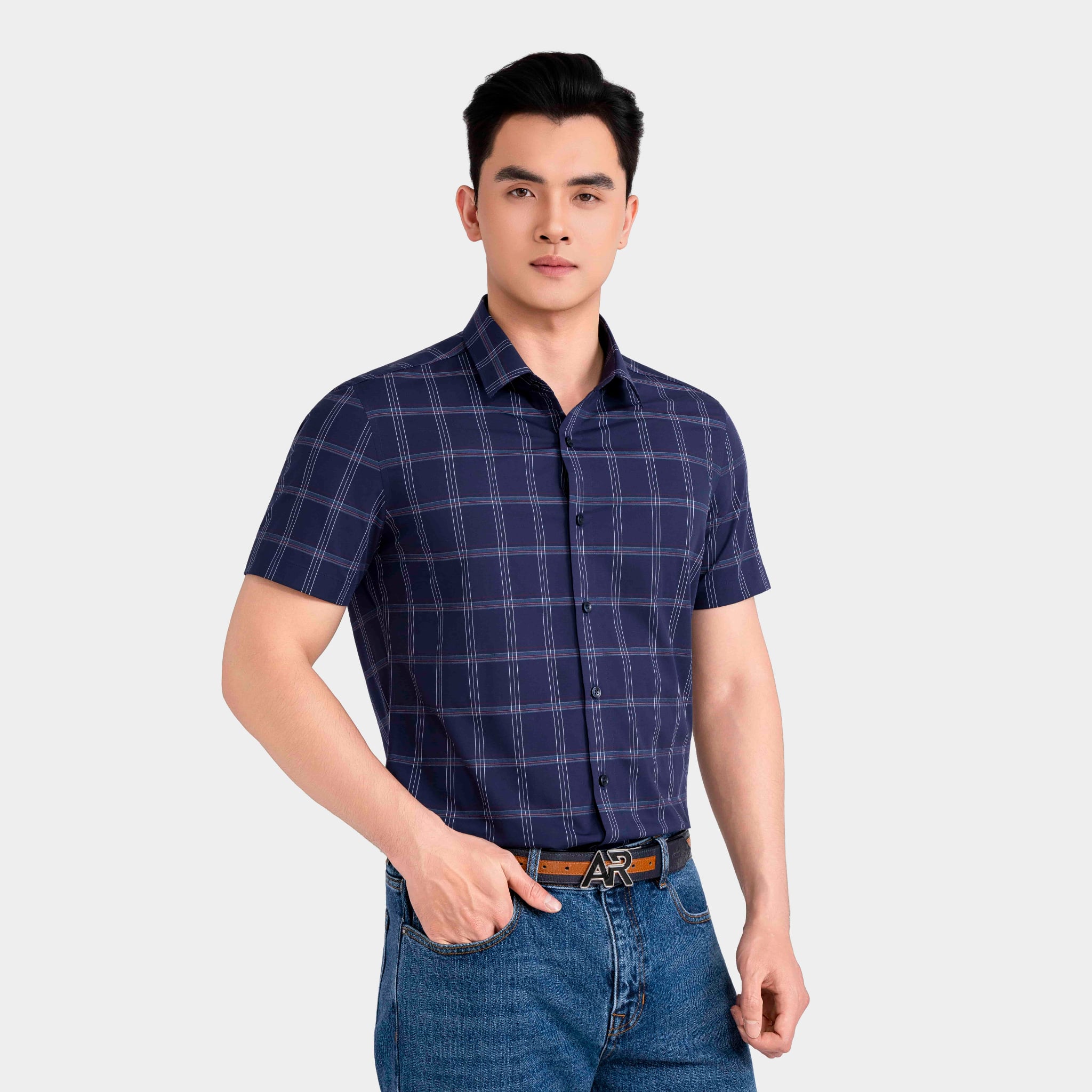 Áo Sơ Mi Nam Xanh Kẻ Đỏ Aristino Slim Fit ASS002FAH2