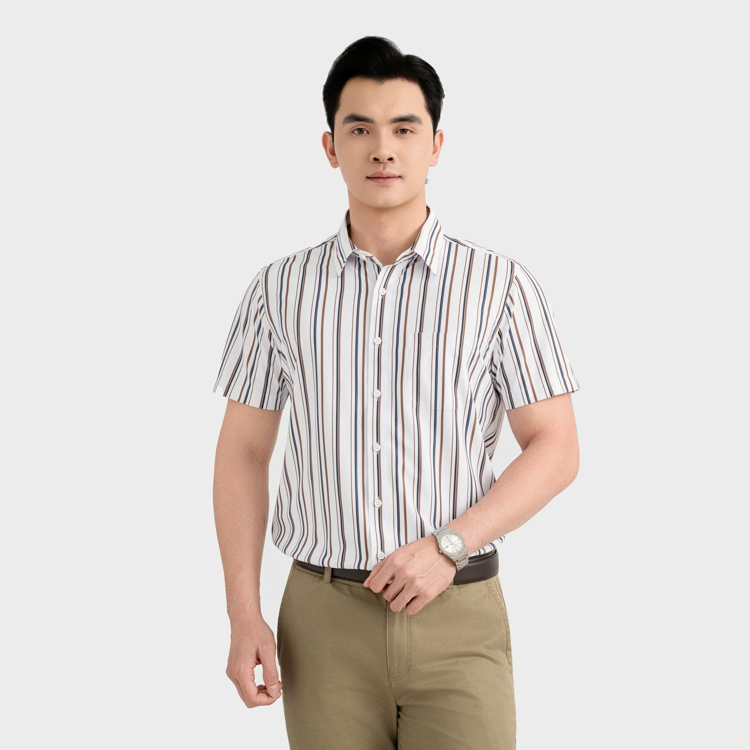 Áo Sơ Mi Nam Kẻ Nâu Aristino Perfect Fit ASS060FAH2