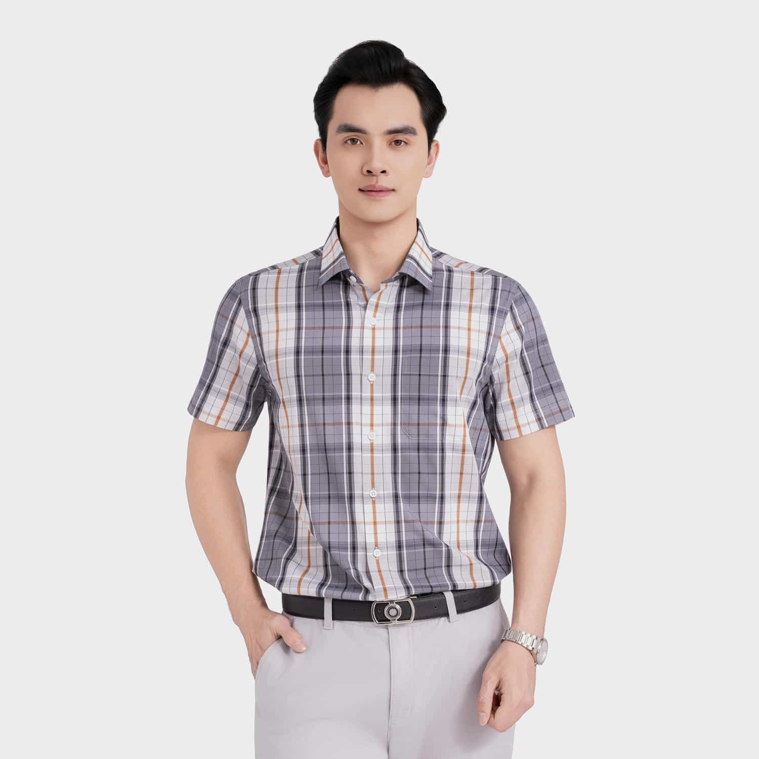 Áo Sơ Mi Nam Kẻ Cam Aristino ASS571SAH2