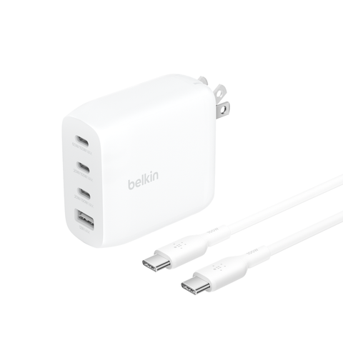 Adapter sạc nhanh 112W 4 cổng, 3 USB-C + 1 USB-A GaN màu trắng Belkin 