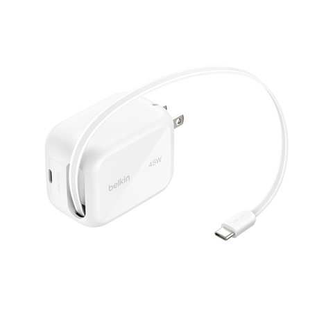  Adapter sạc nhanh 45W GaN, 2 x USB-C PD PPS kèm cáp rút USB-C màu trắng Belkin 