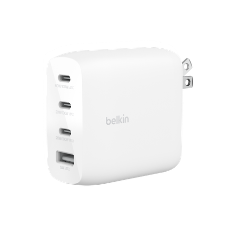  Adapter sạc nhanh 112W 4 cổng, 3 USB-C + 1 USB-A GaN màu trắng Belkin 