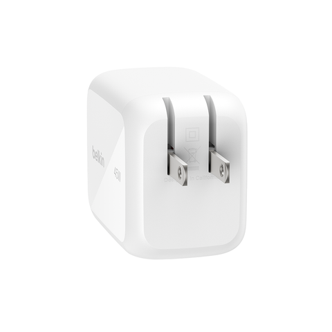  Adapter sạc nhanh 45W GaN, 2 x USB-C PD PPS kèm cáp rút USB-C màu trắng Belkin 