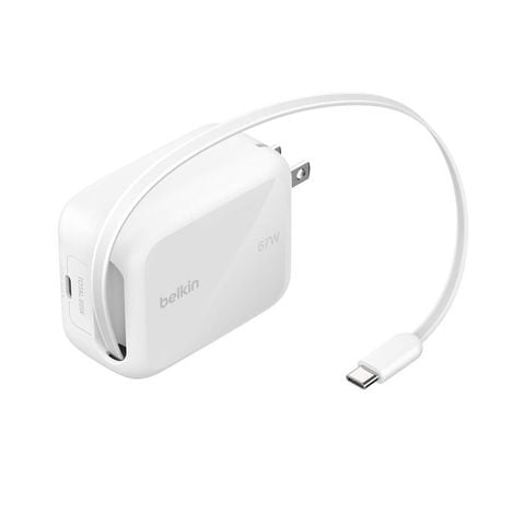  Adapter sạc nhanh 67W GaN, 2 x USB-C PD PPS kèm cáp rút màu trắng Belkin (tương thích iPhone 18 Series) 