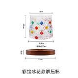 Colorful Ice-Flower Pattern Rotating Glass Cup with Wooden Base – Luxury Whiskey Tumbler Gift Box Available