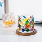 Colorful Diamond Pattern Rotating Glass Cup with Wooden Base – Artistic Whiskey Tumbler Gift Box Available