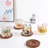 Colorful Diamond Pattern Rotating Glass Cup with Wooden Base – Artistic Whiskey Tumbler Gift Box Available