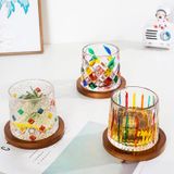 Colorful Stripe Rotating Glass Cup with Wooden Base – Premium Gift Packaging Available