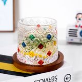 Colorful Ice-Flower Pattern Rotating Glass Cup with Wooden Base – Luxury Whiskey Tumbler Gift Box Available