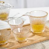 Early Summer Gold-Rimmed Glass Tea Set – Vertical Stripe Design, Elegant Gongfu Tea Cups with Teapot & Pitcher, Custom Gift Box Available