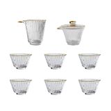 Early Summer Gold-Rimmed Glass Tea Set – Vertical Stripe Design, Elegant Gongfu Tea Cups with Teapot & Pitcher, Custom Gift Box Available