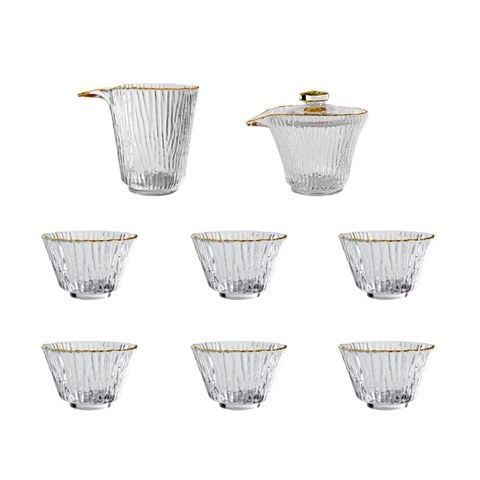 Early Summer Gold-Rimmed Glass Tea Set – Vertical Stripe Design, Elegant Gongfu Tea Cups with Teapot & Pitcher, Custom Gift Box Available