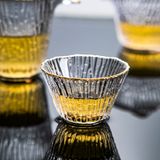 Early Summer Gold-Rimmed Glass Tea Set – Vertical Stripe Design, Elegant Gongfu Tea Cups with Teapot & Pitcher, Custom Gift Box Available