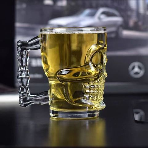 Skull Beer Mug – Clear Glass Skull Head Beer Cup with Handle for Halloween, Parties & Bars