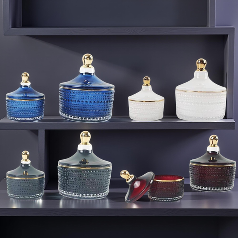 Luxury Glass Embossed Candle Jars With Knob Lids For Home Decor