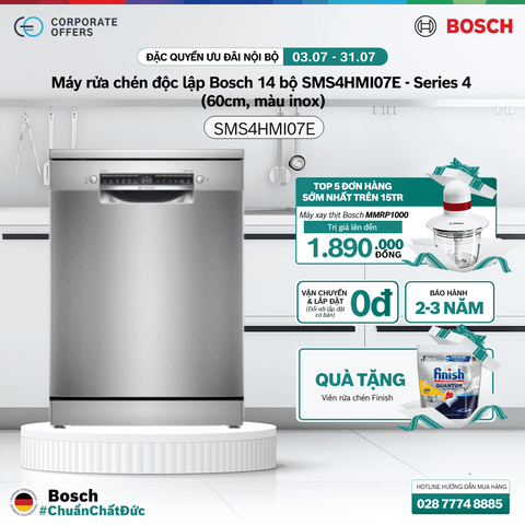 Máy rửa chén độc lập Bosch 14 bộ SMS4HMI07E - Series 4 (60cm, màu inox)
