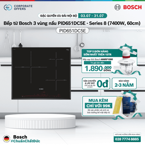Bếp từ Bosch 3 vùng nấu PID651DC5E - Series 8 (7400W, 60cm)