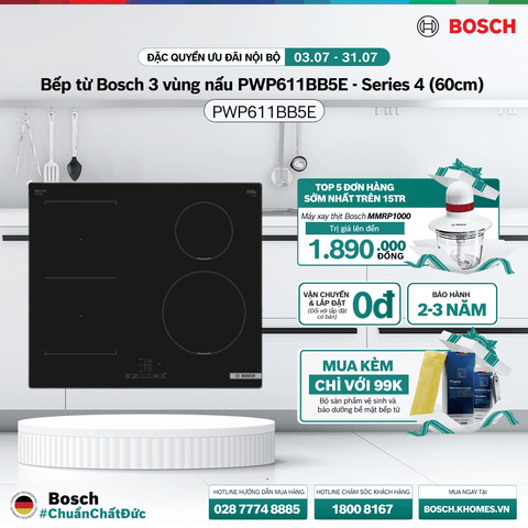 Bếp từ Bosch 3 vùng nấu PWP611BB5E - Series 4 (60cm)