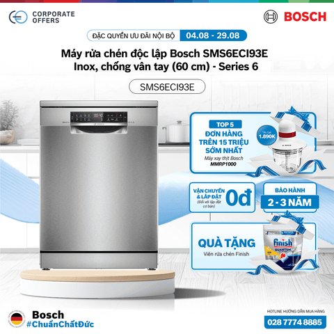 Máy rửa chén độc lập Bosch SMS6ECI93E Inox, chống vân tay (60 cm) - Series 6