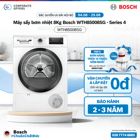 Máy sấy bơm nhiệt 8Kg Bosch WTH85008SG - Series 4