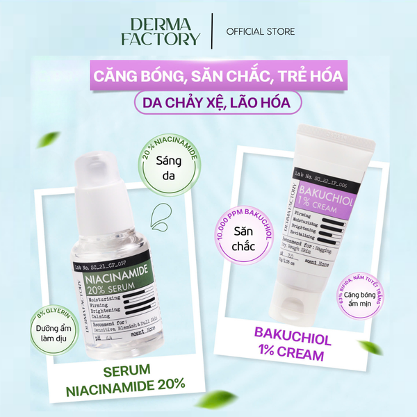  Combo Dưỡng sáng Trẻ hóa da (Derma Factory Niacinamide 20% Serum 30ml +Kem dưỡng săn chắc da Bakuchiol 1% Cream 30g) 