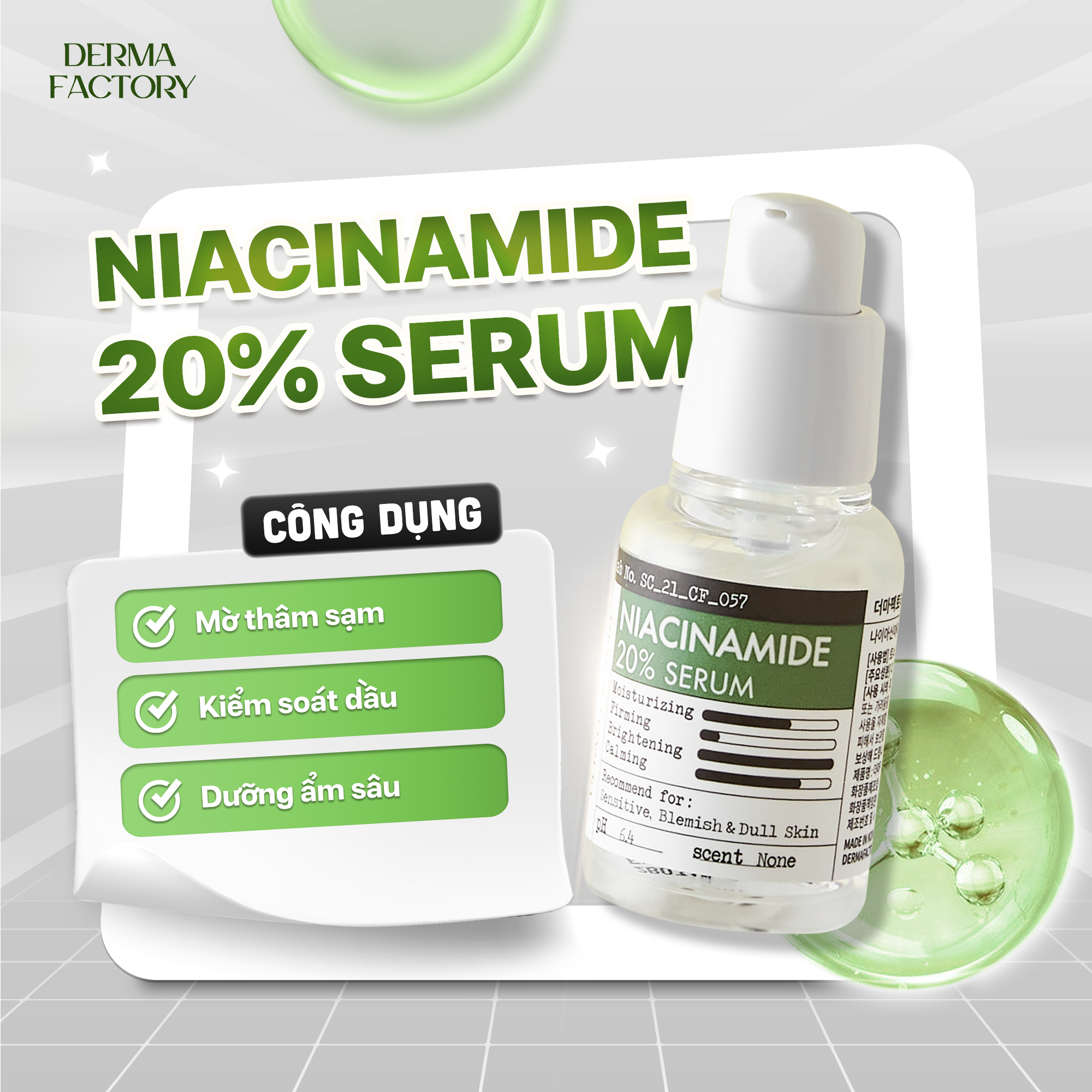  Serum dưỡng trắng mờ thâm Derma Factory Niacinamide 20% Serum 30ml 