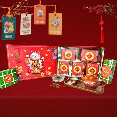 Hộp Bánh Mèo Thần Tài Tết 2026 – Kèm Túi Giấy Cao Cấp (720g)