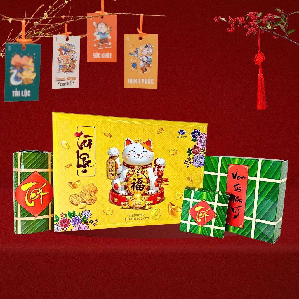 Hộp Bánh Mèo Thần Tài Tết 2026 – Kèm Túi Giấy Cao Cấp (720g)