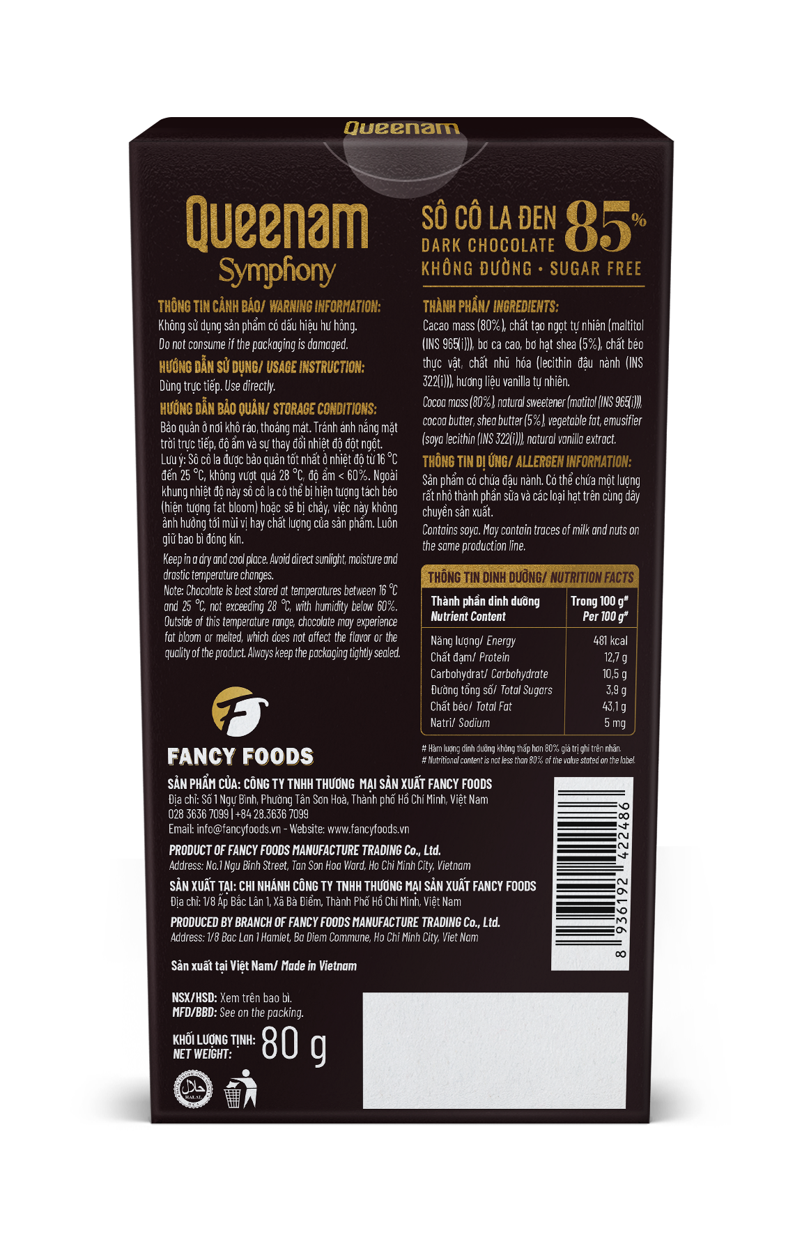  Queenam Symphony – Thanh Sô Cô La Đen 85% Không Đường 