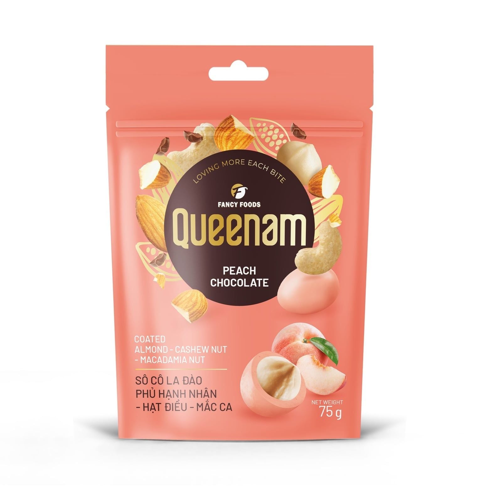  Sô Cô La Đào Phủ Hạnh Nhân - Hạt Điều - Mắc Ca Queenam 75g 