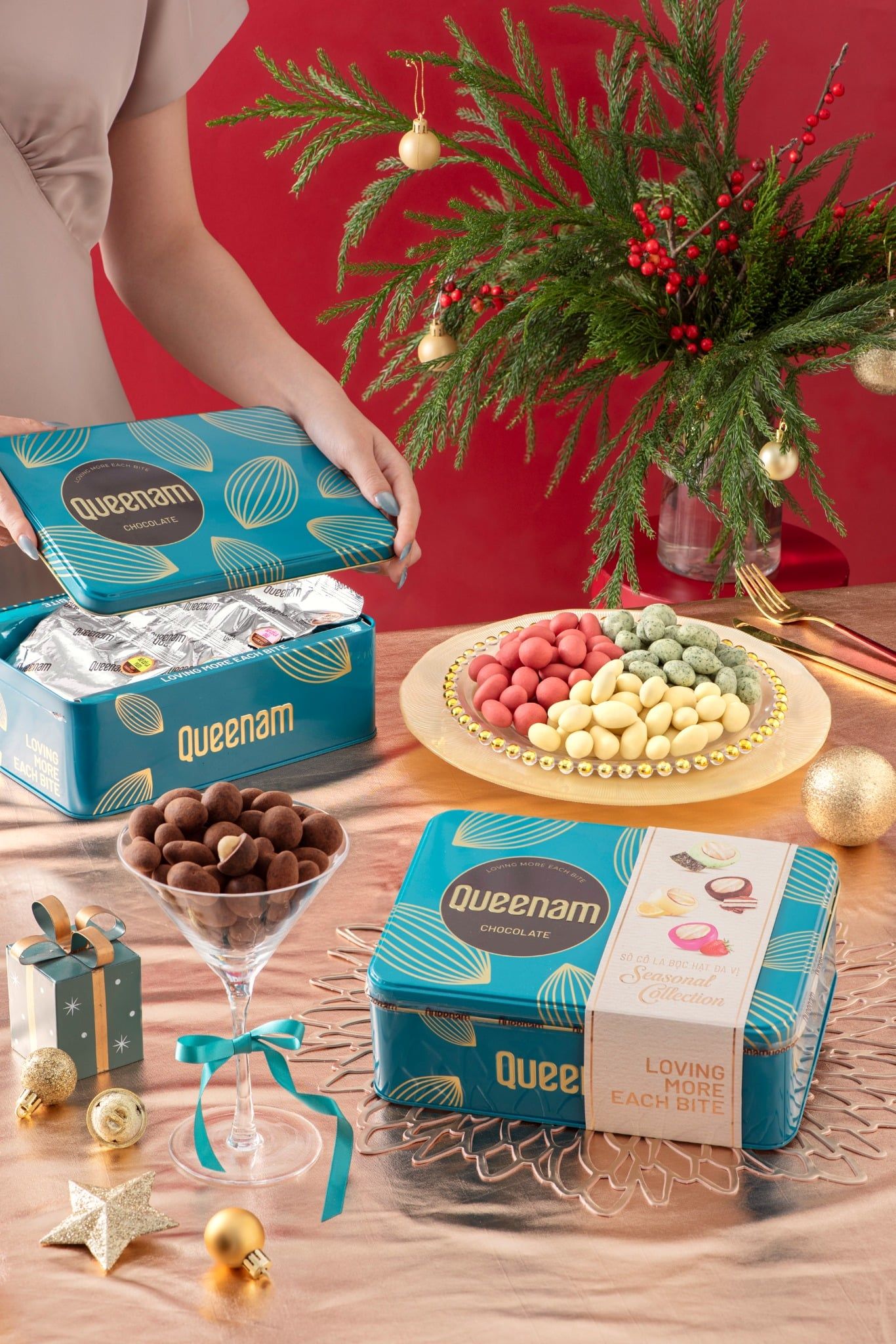  Hộp Qùa Tết 2026 socola Queenam Seasonal Collection 140G vị Tiramisu, Yuzu, Dâu, Rong biển 