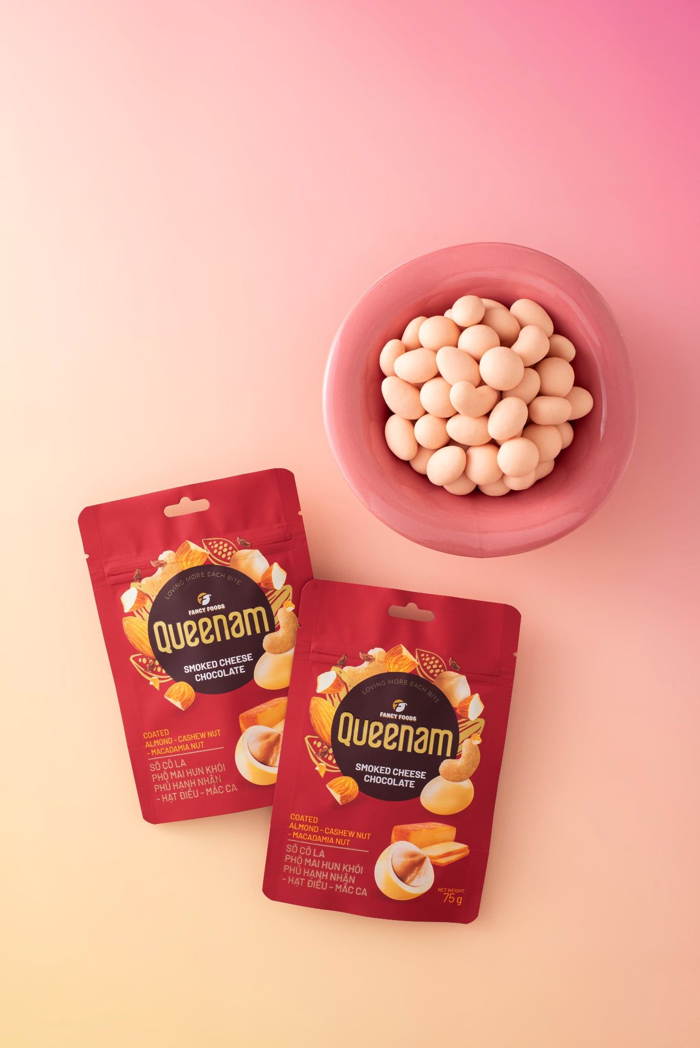  Sô Cô La Phô Mai Xông Khói Phủ Hạnh Nhân - Hạt Điều - Mắc Ca Queenam 75g 