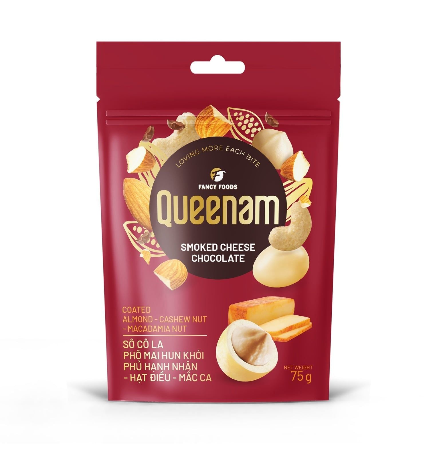  Sô Cô La Phô Mai Xông Khói Phủ Hạnh Nhân - Hạt Điều - Mắc Ca Queenam 75g 