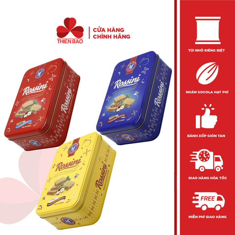 Bánh xốp nhân socola hạt phỉ Rossini hộp thiếc 250g