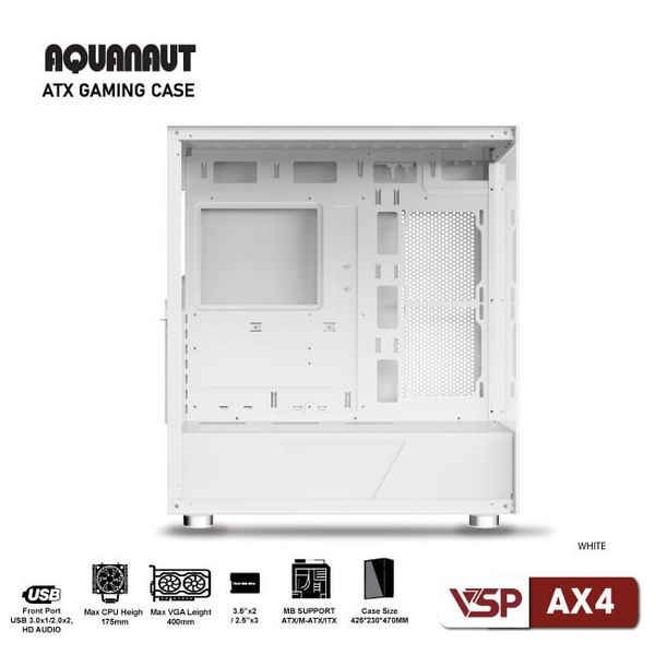 Thùng máy tính VSP Gaming Aquanaut AX4 (ATX, 2 mặt kính) - Màu trắng
